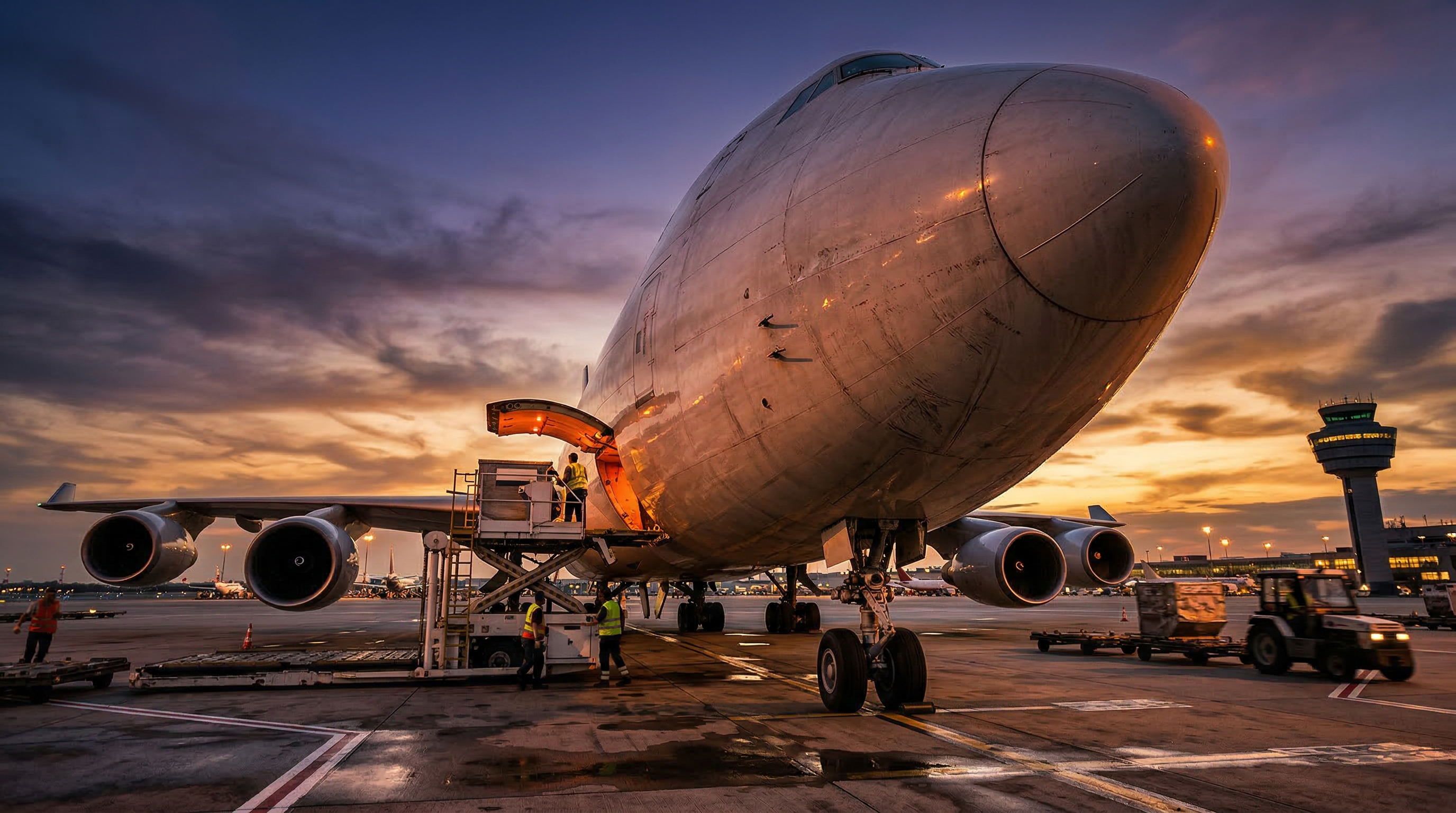 Cargo aircraft being loaded at dusk on international airport tarmac